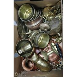 BOX OF ASSORTED BRASS ORNAMENTS AND MISC.