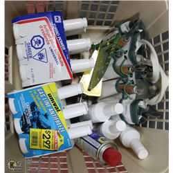 TOTE OF ASSORTED TOOLS & GASOLINE ANTIFREEZE