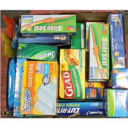 BOX WITH GARBAGE AND ZIPLOC BAGS AND MORE