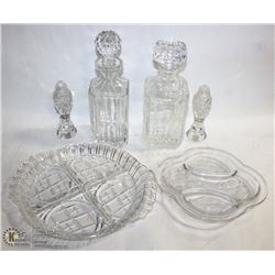 FLAT OF CRYSTAL DECANTERS AND OTHER ITEMS