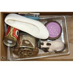 BOX OF ASSORTED KNICK KNACKS & HARDWARE.