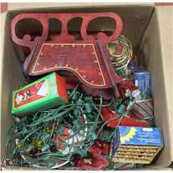 BOX OF CHRISTMAS ORNAMENTS AND DECORATIONS