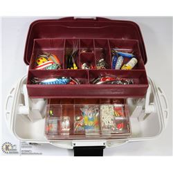 FLAMBEAU OUTDOORS TACKLE BOX WITH VARIOUS HOOKS.