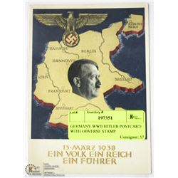 GERMANY WWII HITLER POSTCARD WITH OBVERSE STAMP