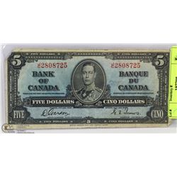 1937 CANADIAN $5.00 BILL.