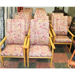 14 PINK FLORAL CHAIRS WITH MATCHING LOVE SEAT.