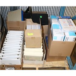 PALLET OF NEW OFFICE ACCESSORIES, INCL NEW BINDERS