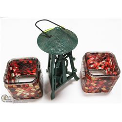 CAST IRON AND 2 MOSAIC CANDLE HOLDERS