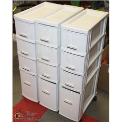 LOT OF 3 NARROW 4 DRAWER WHEELED STORAGE