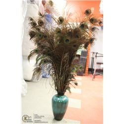 PEACOCK FEATHERS WITH BLUE MOUNTAIN POTTERY VASE.