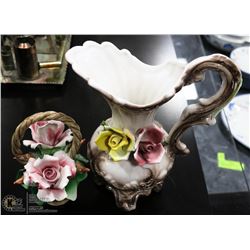 CAPODIMONTE WATER PITCHER AND FLOWER ORNAMENT.,