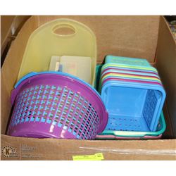 LARGE BOX OF STORAGE TOTES AND BASKETS