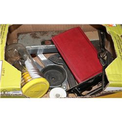 BOX WITH ANTIQUE TOOLS INCL. 1/4" RATCHET SET AND