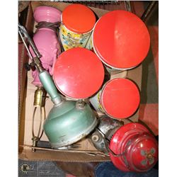 FLAT WITH 4 VINTAGE CANISTERS, COLEMAN 200