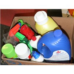 BOX OF CLEANING SUPPLIES AND MORE