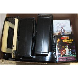 BOX WITH DVDS & DESK ORGANIZERS.
