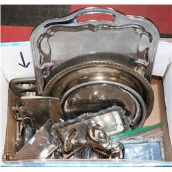 BOX WITH SILVER ITEMS INCL SERVING TRAYS , GOBLETS