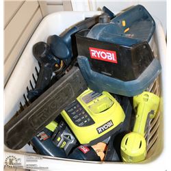BASKET WITH CORDLESS RYOBI TOOLS INCL CHAINSAW,