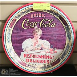 COCA COLA METAL TRAY AND FRAMED CARDBOARD SIGN