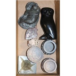FLAT OF 7 SOAPSTONE FIGURES, OIL BURNERS AND