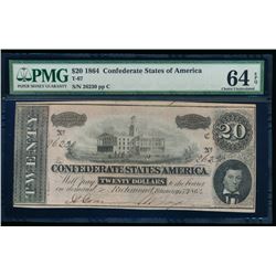 1864 $20 Confederate States of America Note PMG 64EPQ