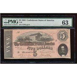 1864 $5 Confederate States of America Note PMG 63EPQ
