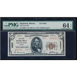 1929 $5 Highland National Bank Note PMG 64EPQ