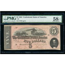 1864 $5 Confederate States of America Note PMG 58EPQ