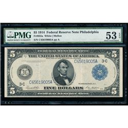 1914 $5 Philadelphia Federal Reserve Note PMG 53EPQ