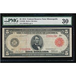 1914 $5 Minneapolis Red Seal Federal Reserve Note PMG 30
