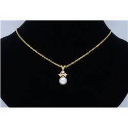 14KT Yellow Gold 8.1mm Pearl and Diamond Pendant with Chain