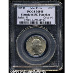 1969-D 25C Quarter--Struck on 5C Planchet--MS65 PCGS.