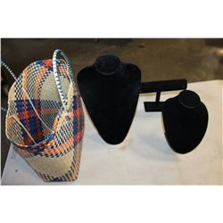 LOT OF JEWELLRY AND NECKLACE STANDS AND RATTAN BAG