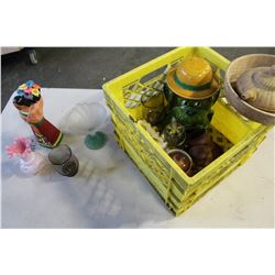 YELLOW CRATE OF GLASSWARE COOKIE JAR FIGURE AND TEAPOTS