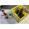 Image 1 : YELLOW CRATE OF GLASSWARE COOKIE JAR FIGURE AND TEAPOTS