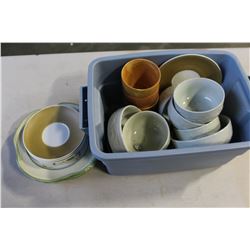 YELLOW CRATE OF PLATES AND PLATTERS