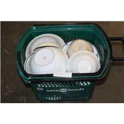 GREEN ROLLING TOTE OF EASTERN BOWLS AND PLATES