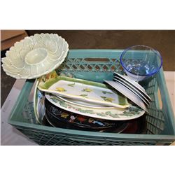 GREEN CRATE OF SERVING DISHES