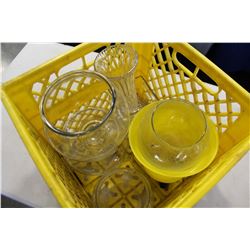 YELLOW CRATE OF GLASSWARE