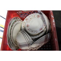 RED CRATE OF DISHES PLATES AND BOWLS