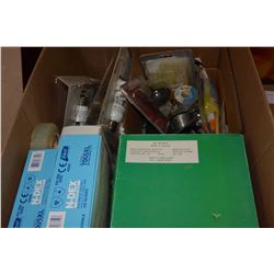 BOX OF LIGHT BULBS AND DISPOSABLE GLOVES AND SHOP SUPPLIES