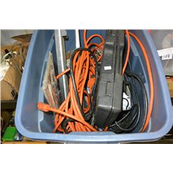 TOTE OF TOOLS TILE CUTTER AND AND EXTENSION CORDS