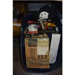 TOTE OF STAPLES TOOLS AND SHOP SUPPLIES