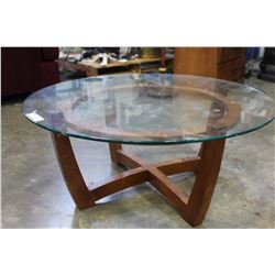 ROUND GLASSTOP WOOD BASE COFFEE TABLE
