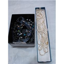 BLACK ALASKAN DIAMOND JEWELLRY AND FOUR PEARL NECKLACES