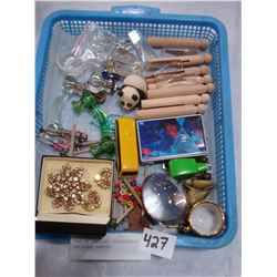 TRAY OF JEWELLRY COLLECTIBLES AND GLASS HANDLES