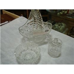 CRYSTAL BASKET AND BOWLAND CONDIMENT DISHA AND FOUR IVORY NAPKIN RINGS