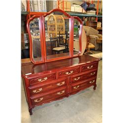 CHERRY FINISH DRESSER WITH TRIFOLD MIRROR