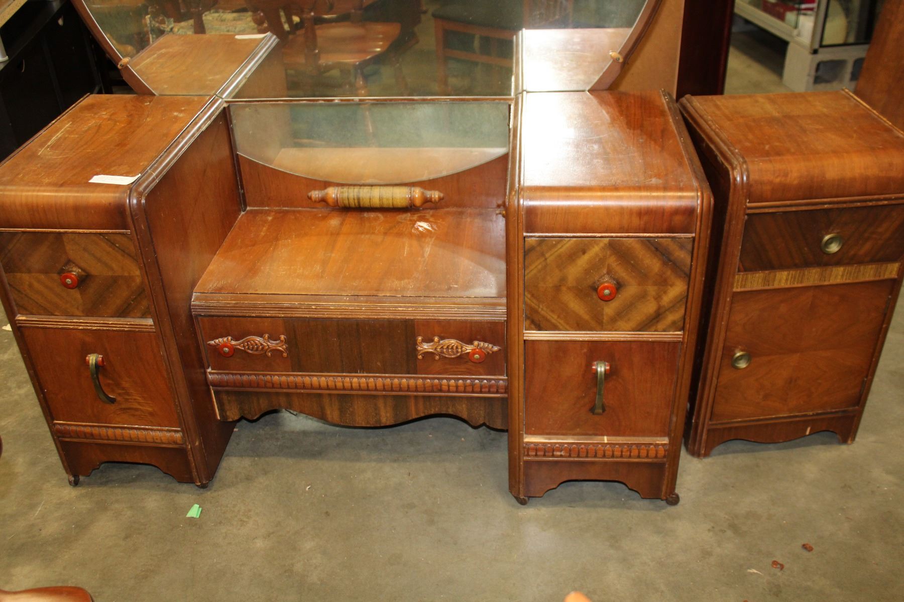 Vintage Waterfall Vanity Dresser With Mirror And Nightstand