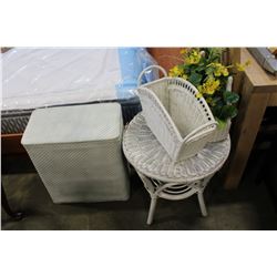WHITE WICKER ENDTABLE AND MAGAZINE STAND AND LAUNDRY HAMPER